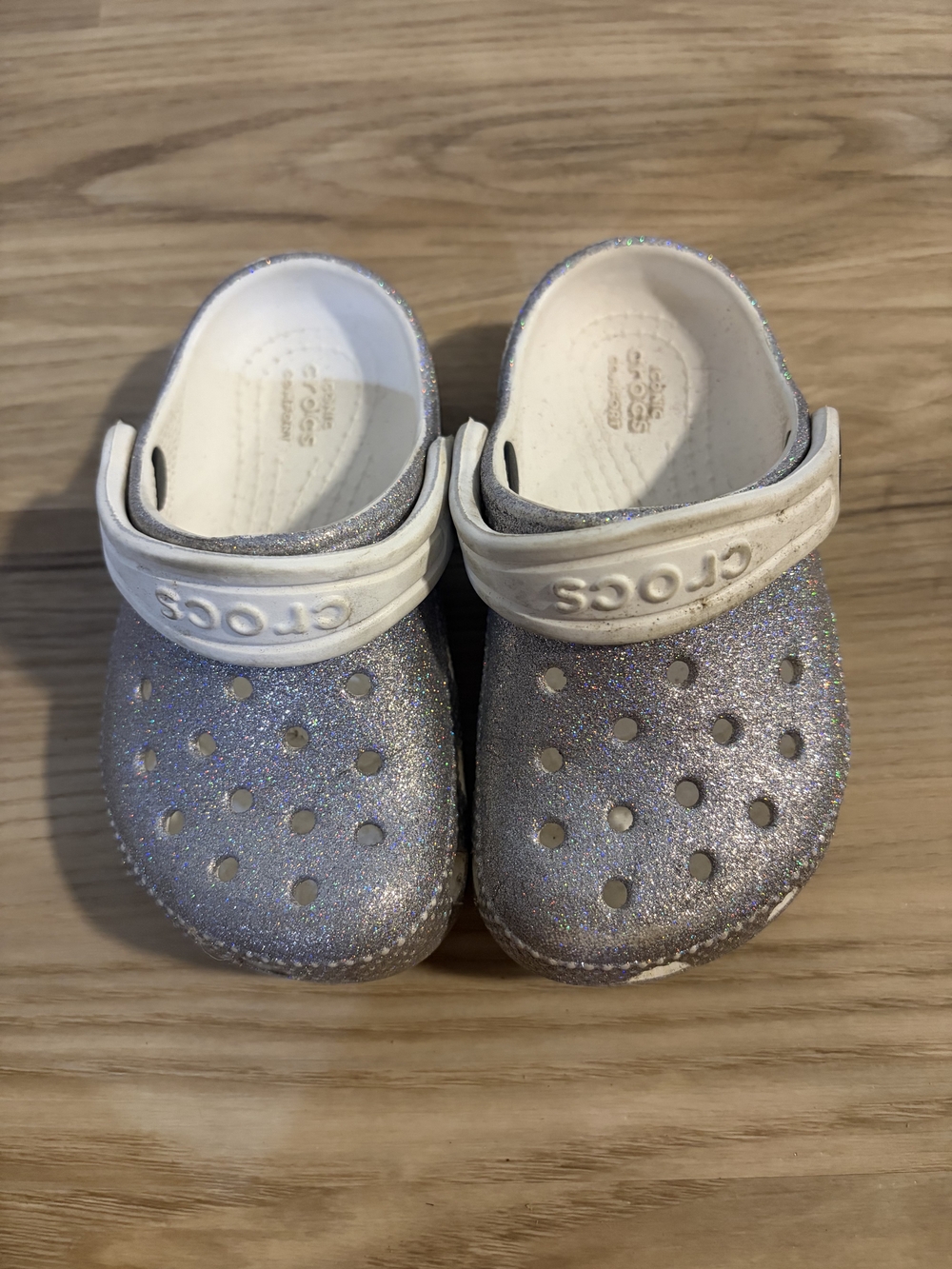 CROCS Kids' Glitter Clogs in Silver with White Straps
